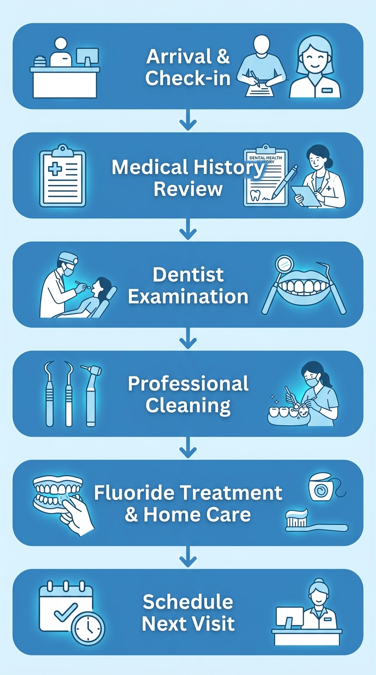 Six-step vertical process flow for a dental cleaning and checkup at Long Beach Dental and Orthodontics