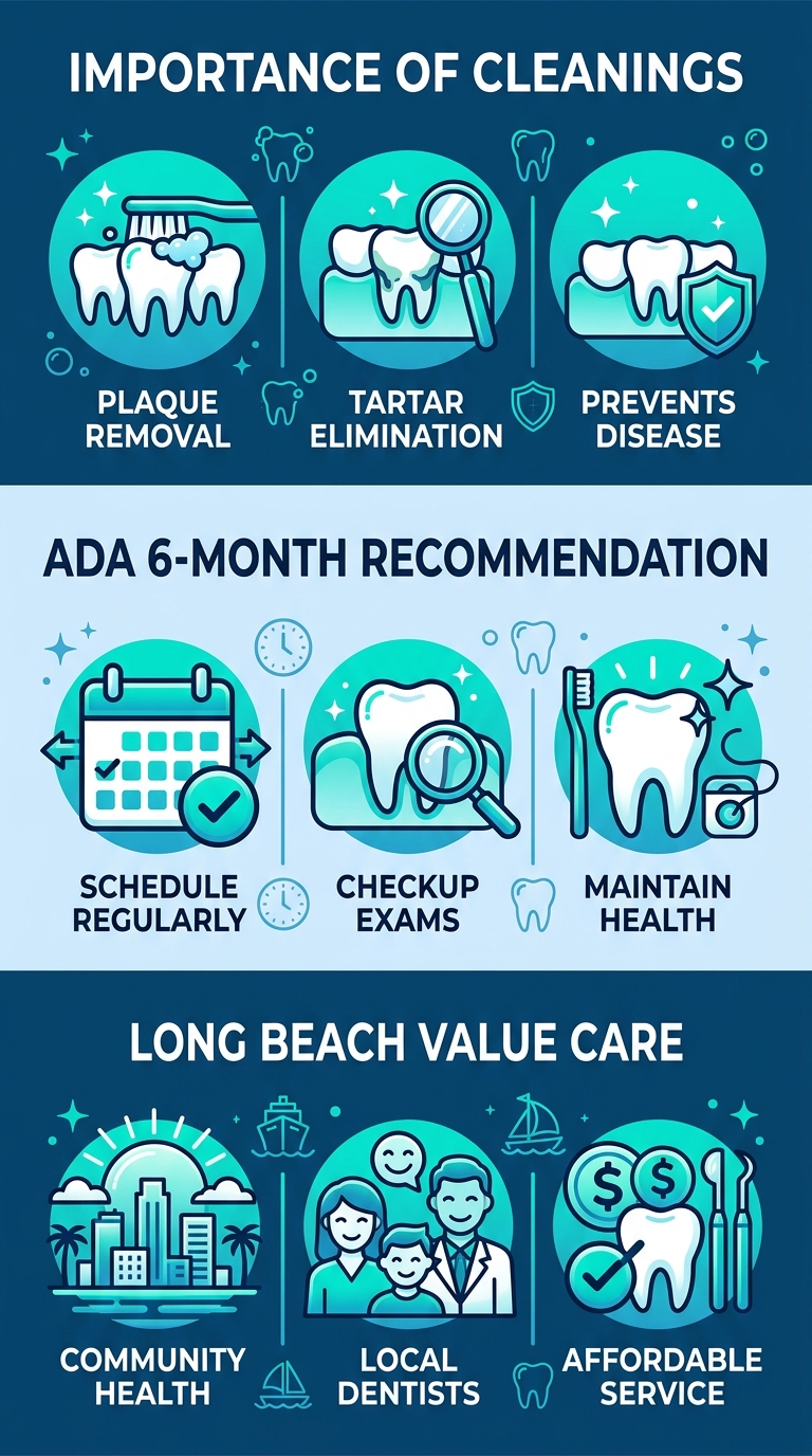 Infographic about dental checkups in Long Beach, showing three professional sections with icons and blue teal accents