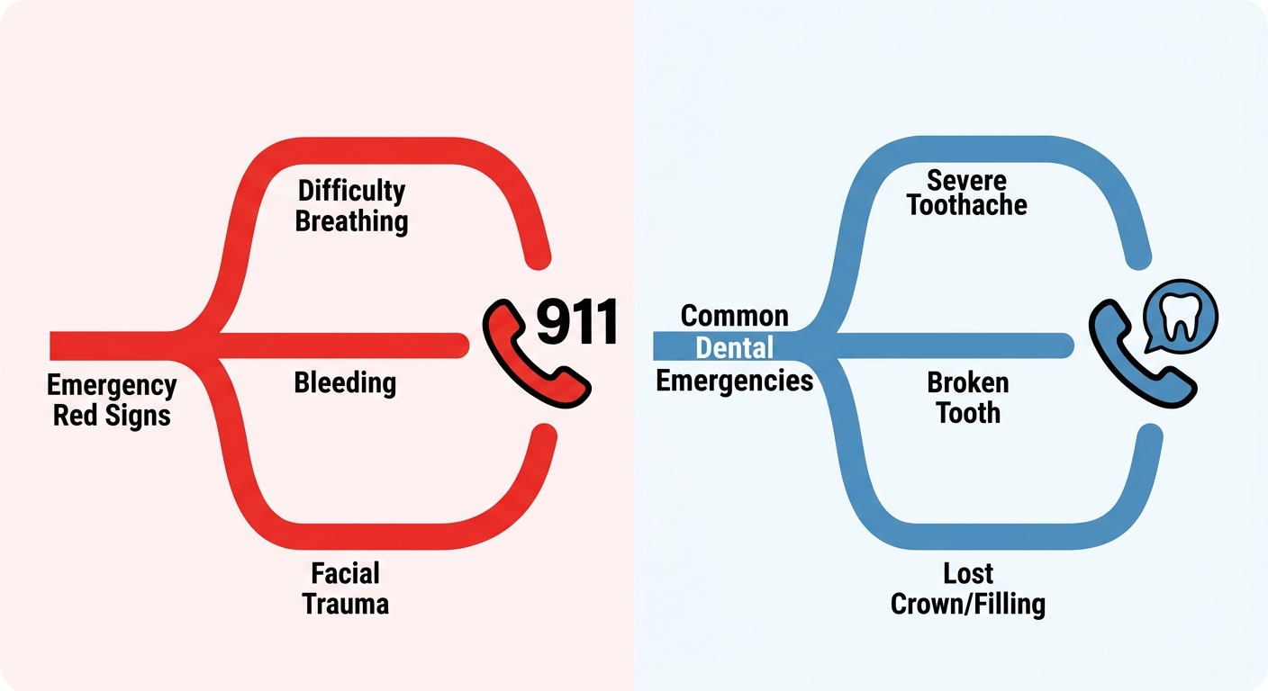 Decision flowchart for dental emergencies with two branches: emergency red signs leading to 911, and common dental issues leading to dental office