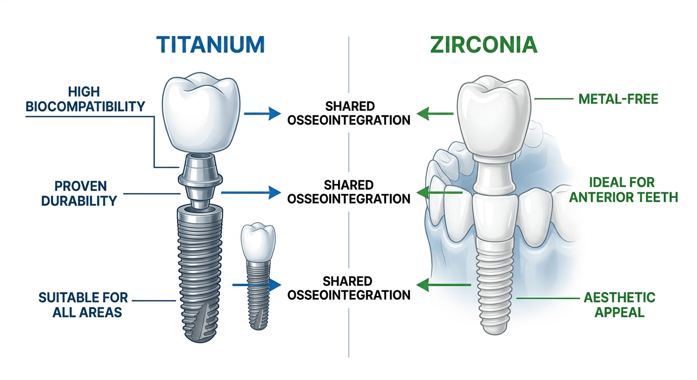 Side-by-side comparison of titanium and zirconia dental implants with features and shared strengths.