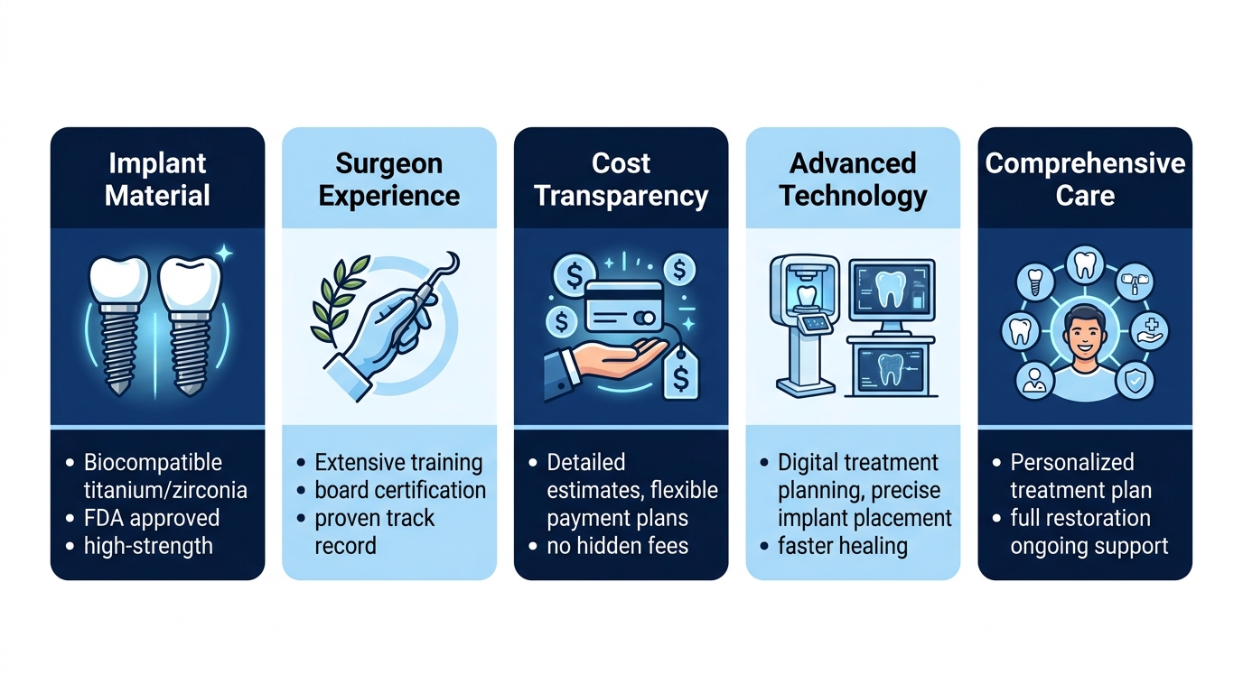 Infographic of five key criteria for choosing dental implants in Burbank: Implant Material, Surgeon Experience, Cost Transparency, Advanced Technology, and Comprehensive Care.
