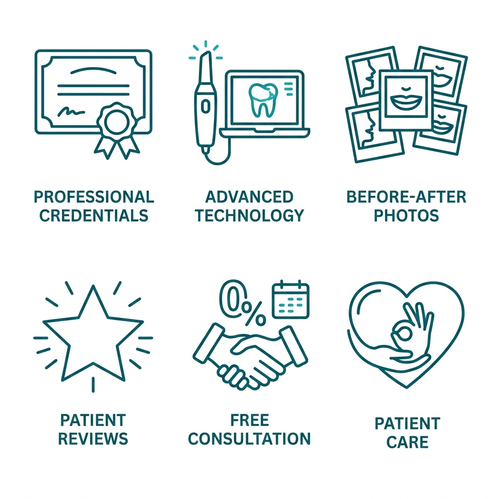six icon grid showing credentials, digital scanner, gallery, star reviews, handshake, and heart symbols for choosing a cosmetic dentist in long beach