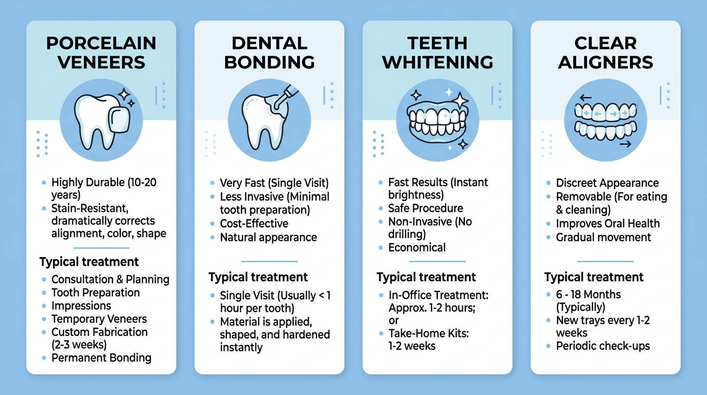 Infographic comparing four cosmetic dental procedures: porcelain veneers, dental bonding, teeth whitening, and clear aligners, showing benefits and timelines.