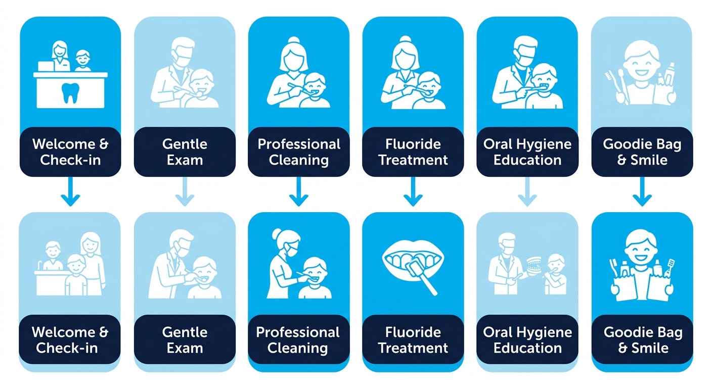 Six-stage vertical process flow for pediatric dental visit