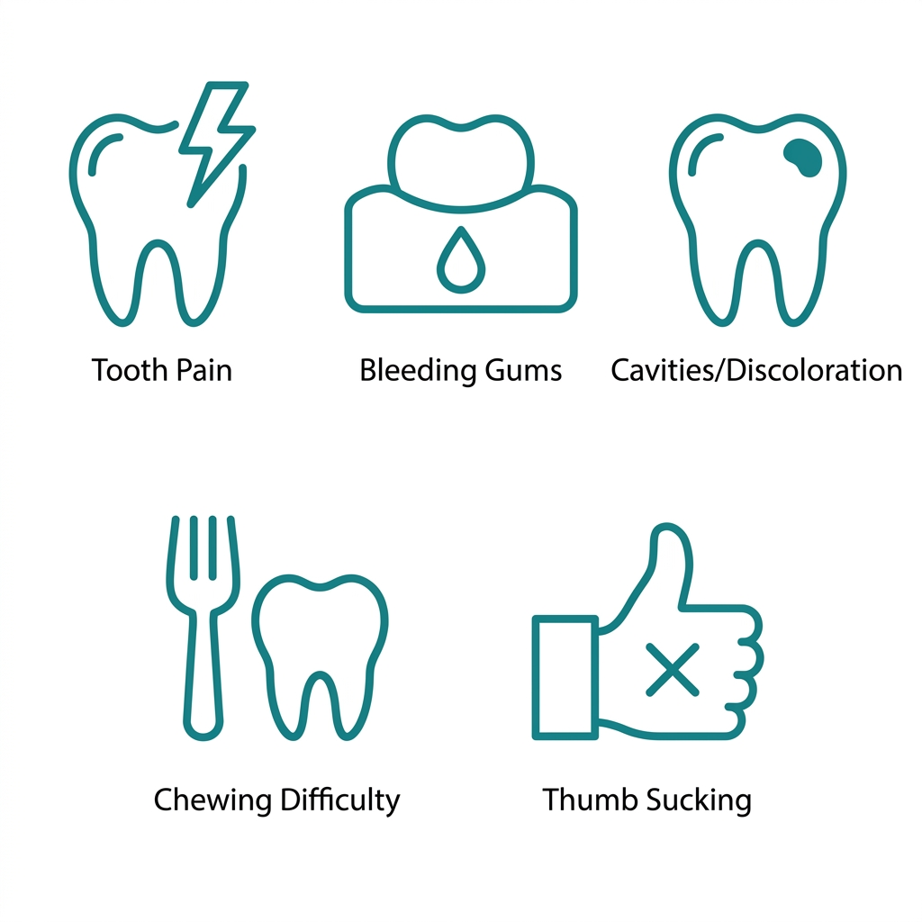 Grid of 5 dental warning sign icons for children