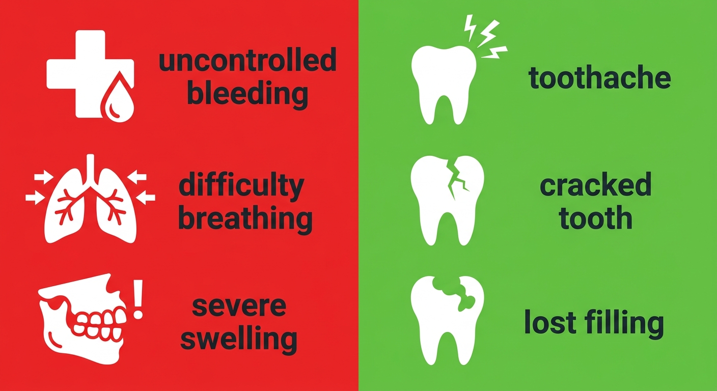 Side-by-side comparison of dental emergencies: Call 911 for uncontrolled bleeding, difficulty breathing, severe swelling; visit dental office for toothache, cracked tooth, lost filling