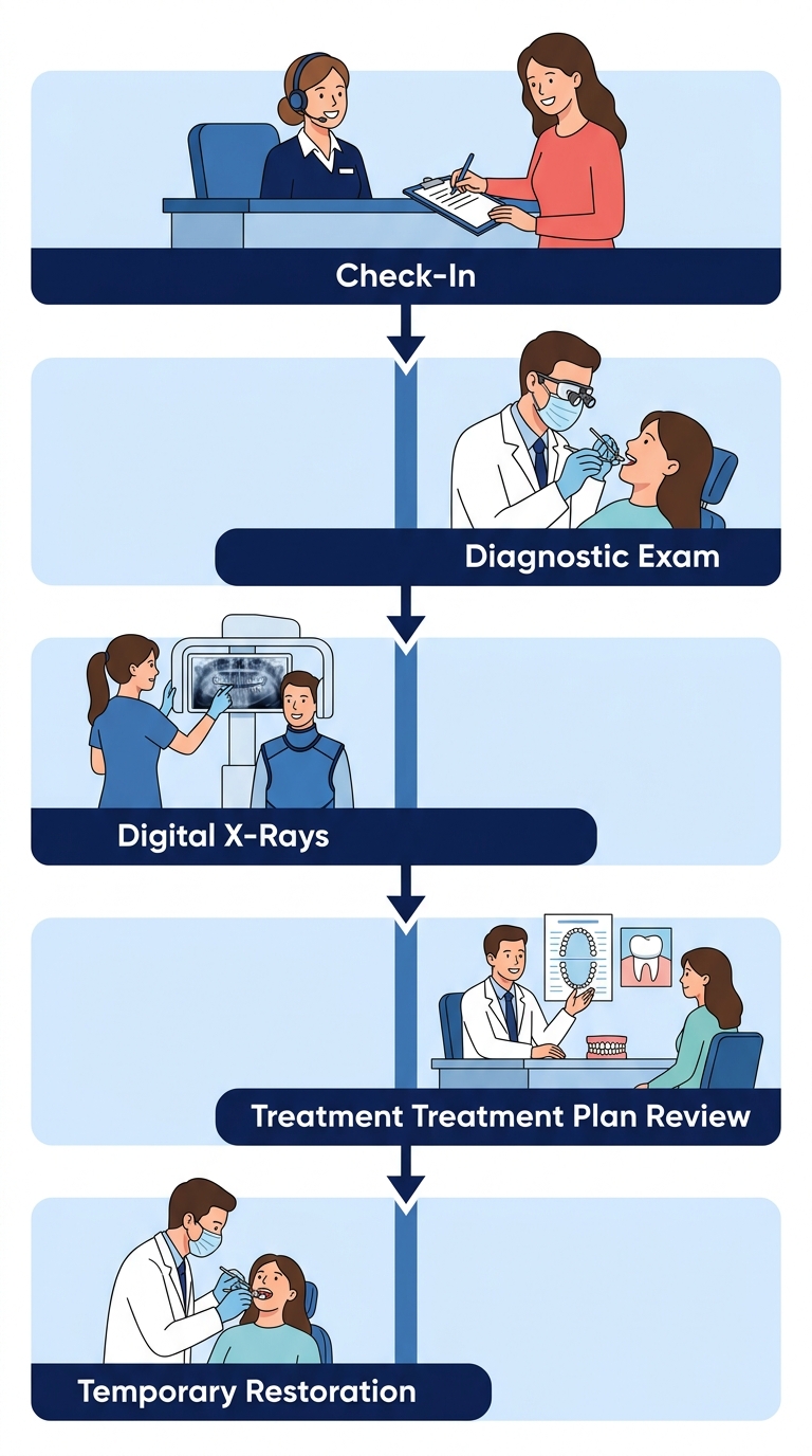 Vertical process flow with 5 stages showing a patient's dental crown visit from check-in to temporary restoration placement