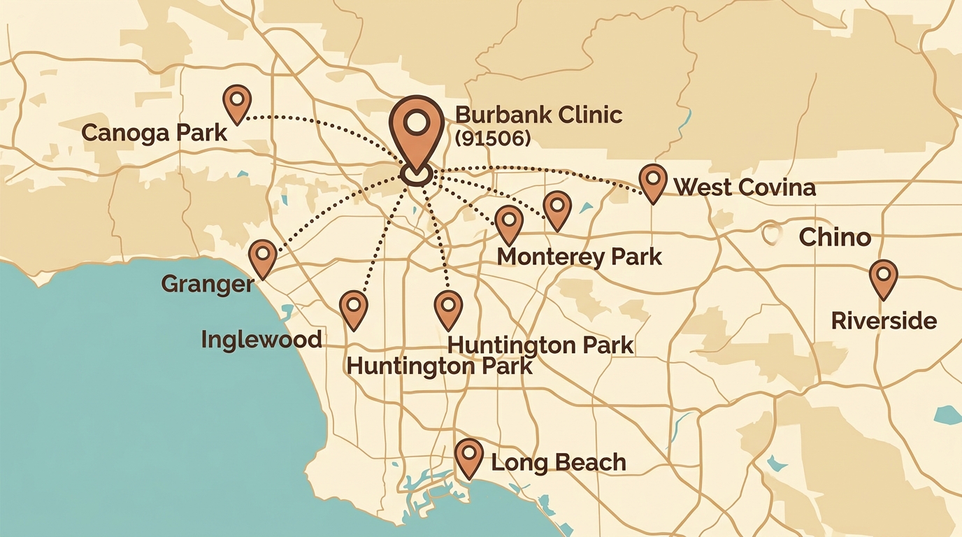 Service area map of Burbank Dental & Orthodontics showing cities in San Fernando Valley and beyond.