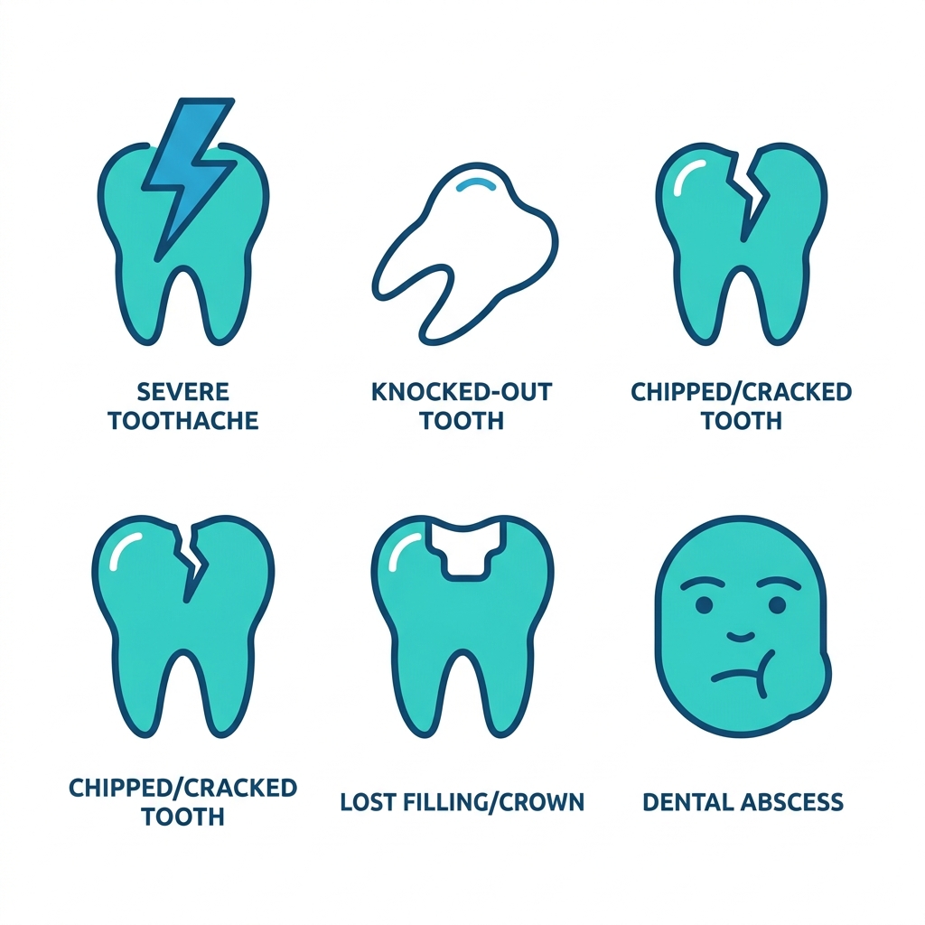 Grid of five icons representing common dental emergencies: severe toothache, knocked-out tooth, chipped or cracked tooth, lost filling or crown, and dental abscess, each with a label below.