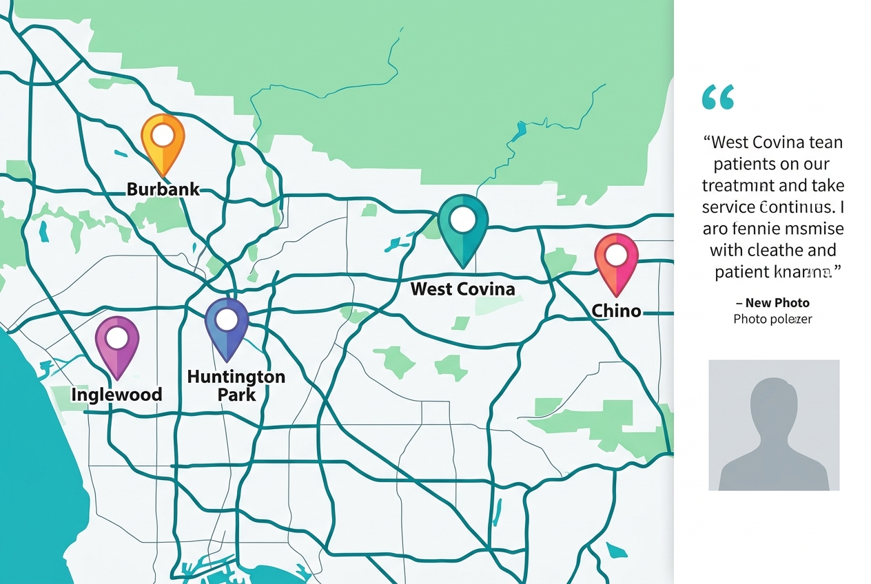 Regional map of West Covina dental service areas with city pins and patient review panel.