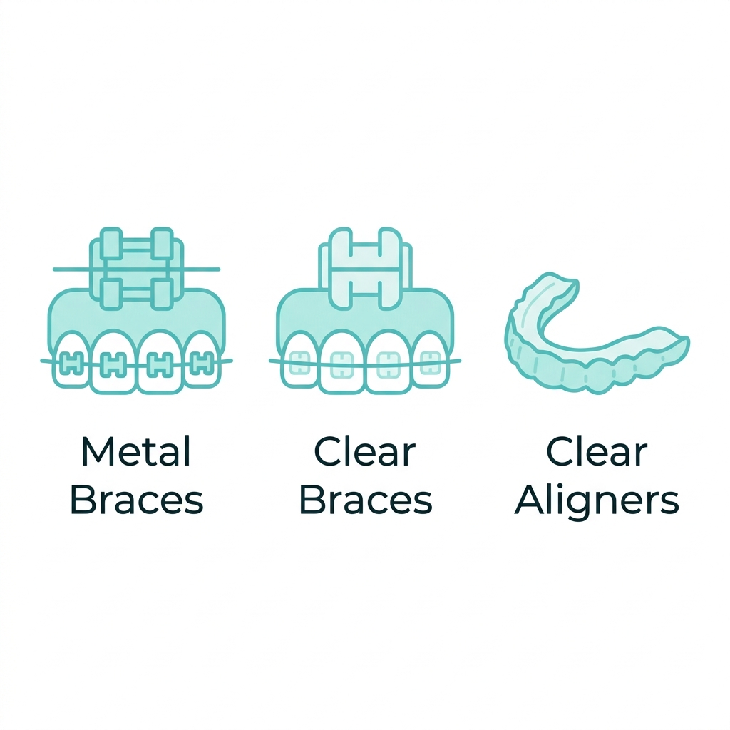 Icon set showing three orthodontic treatment options: Traditional Metal Braces, Clear Braces, and Invisible Braces/Aligners