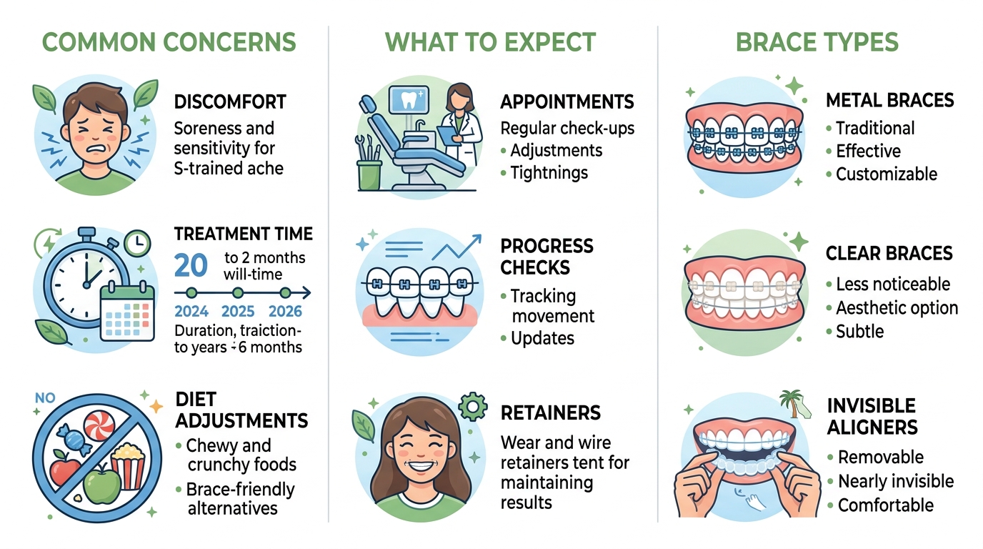 Three-column infographic comparing common braces concerns, what to expect during treatment, and brace types available at West Covina Dental & Orthodontics.