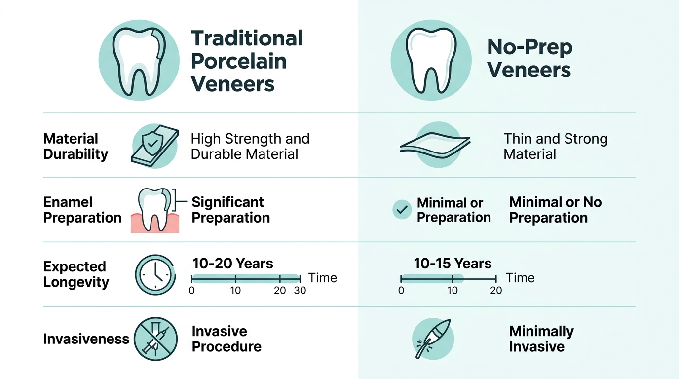 Side-by-side infographic comparing traditional porcelain veneers and no-prep veneers with icons and feature lists
