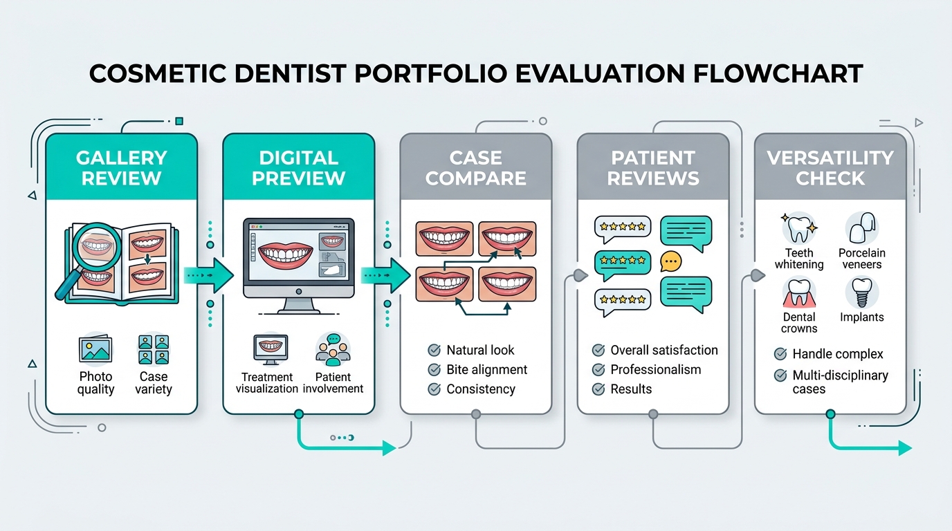 Five steps to evaluate a cosmetic dentist's portfolio: review before-and-after gallery, request digital smile preview, compare multiple cases, read patient reviews, assess versatility.
