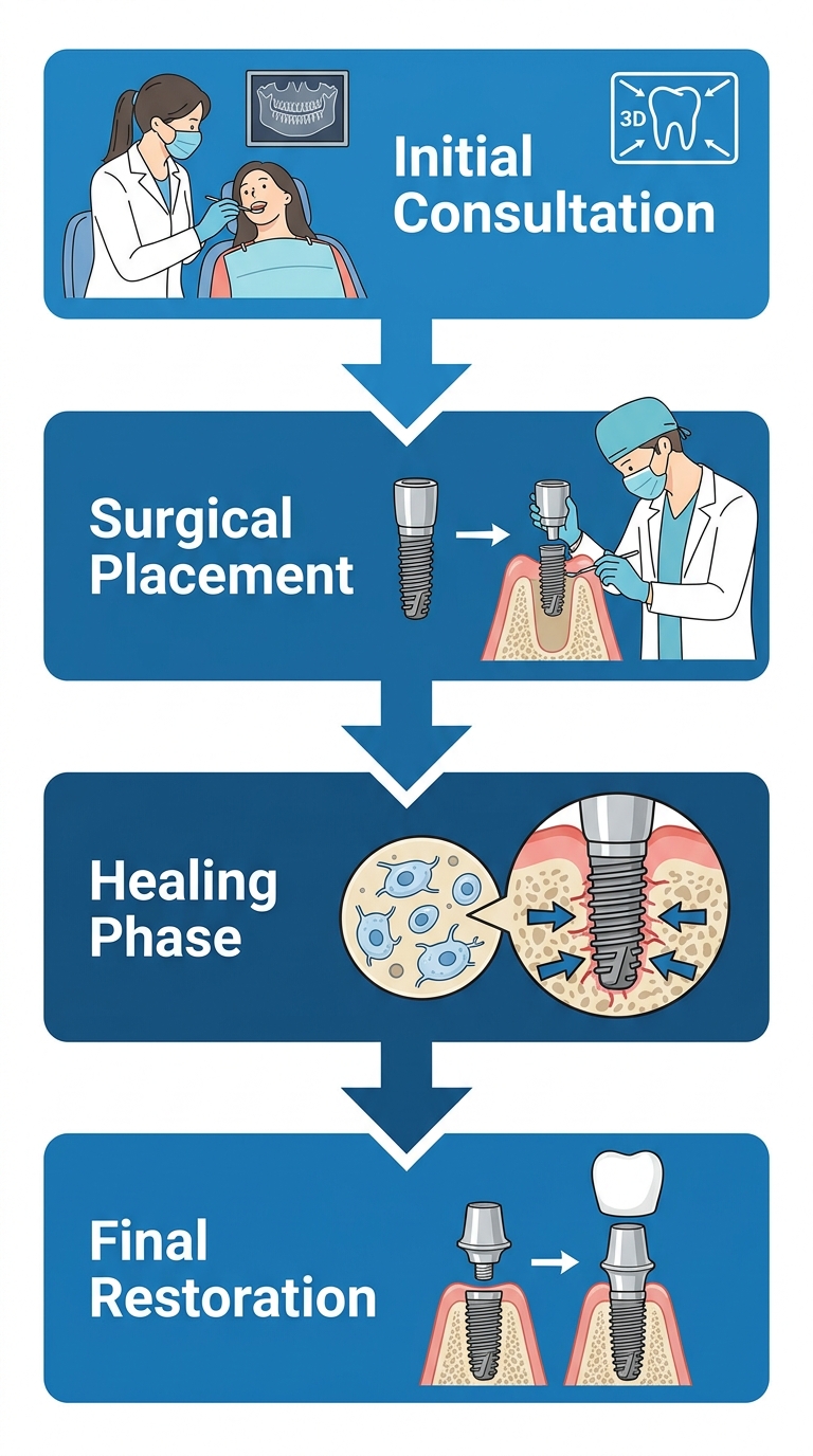 Vertical process flow diagram of dental implant procedure with four stages: consultation, surgery, healing, restoration.