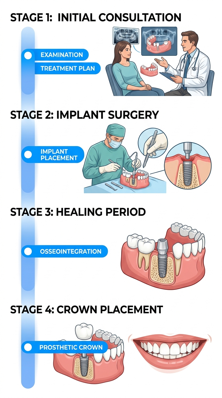 Dental implant timeline with four milestones from initial consultation to crown placement, illustrated with tooth-shaped icons along a soft blue gradient line.