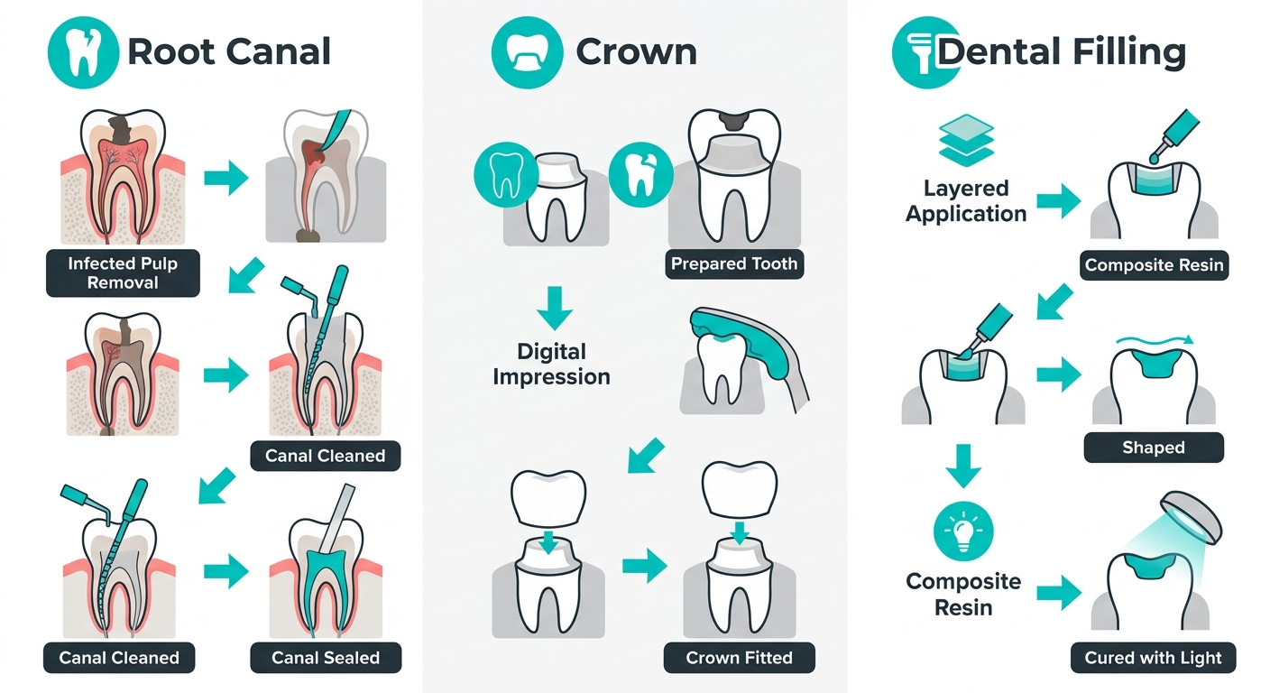 Infographic comparing root canal, crown, and filling procedures at West Covina Dental & Orthodontics