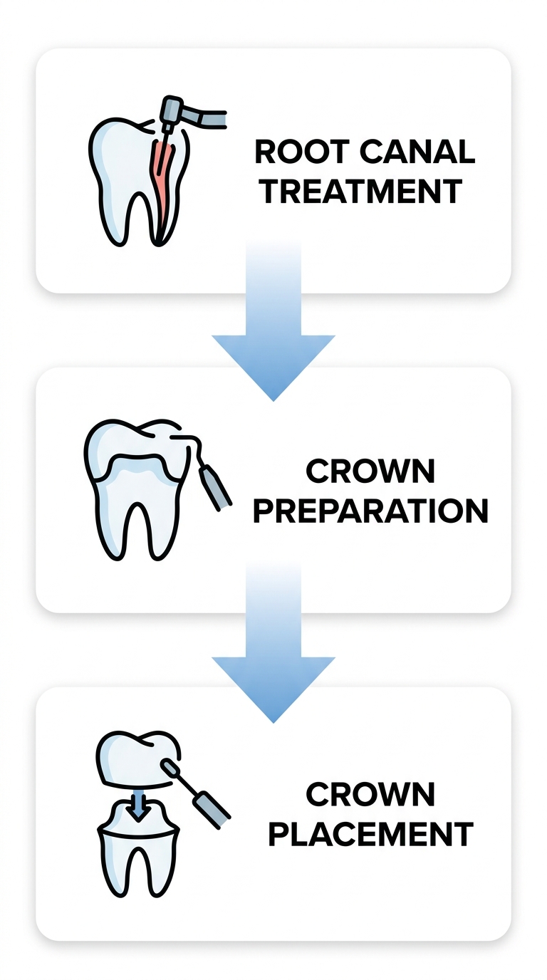 Vertical timeline showing three steps of root canal to crown restoration process. Step one: Root Canal Treatment. Step two: Crown Preparation. Step three: Crown Placement.