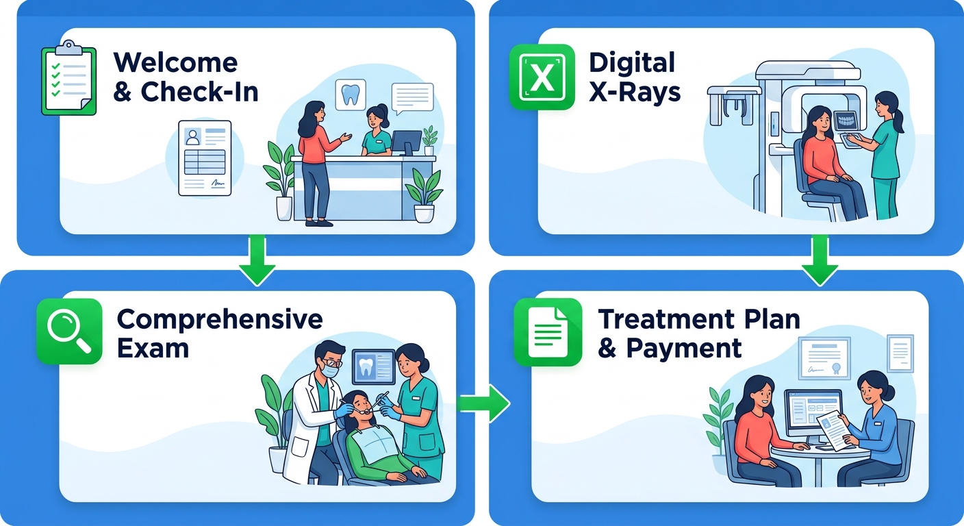 Four-step vertical process flow showing dental visit steps from welcome and check-in through digital x-rays, comprehensive exam, and treatment plan with payment options.