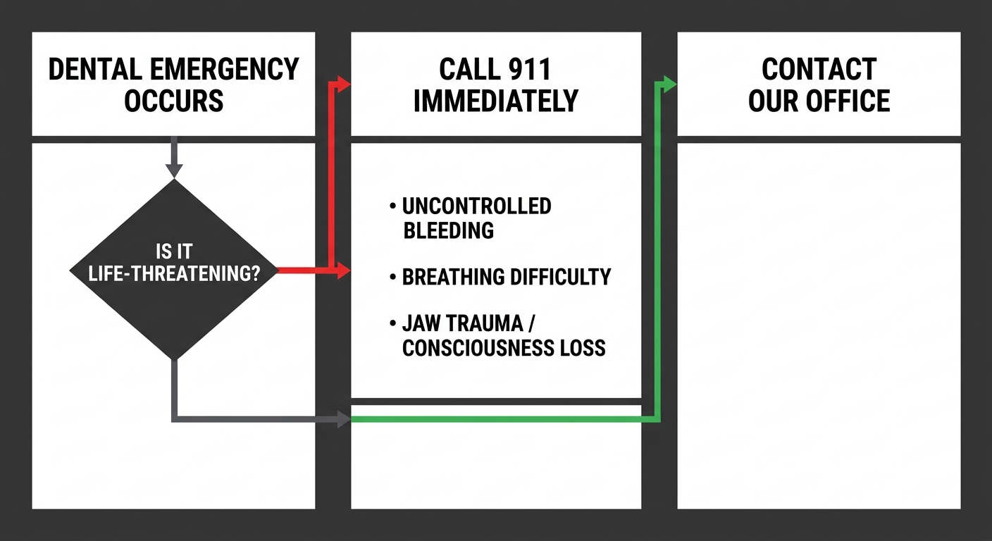 Dental emergency triage flowchart showing decision path from emergency occurrence to calling 911 or contacting a dentist