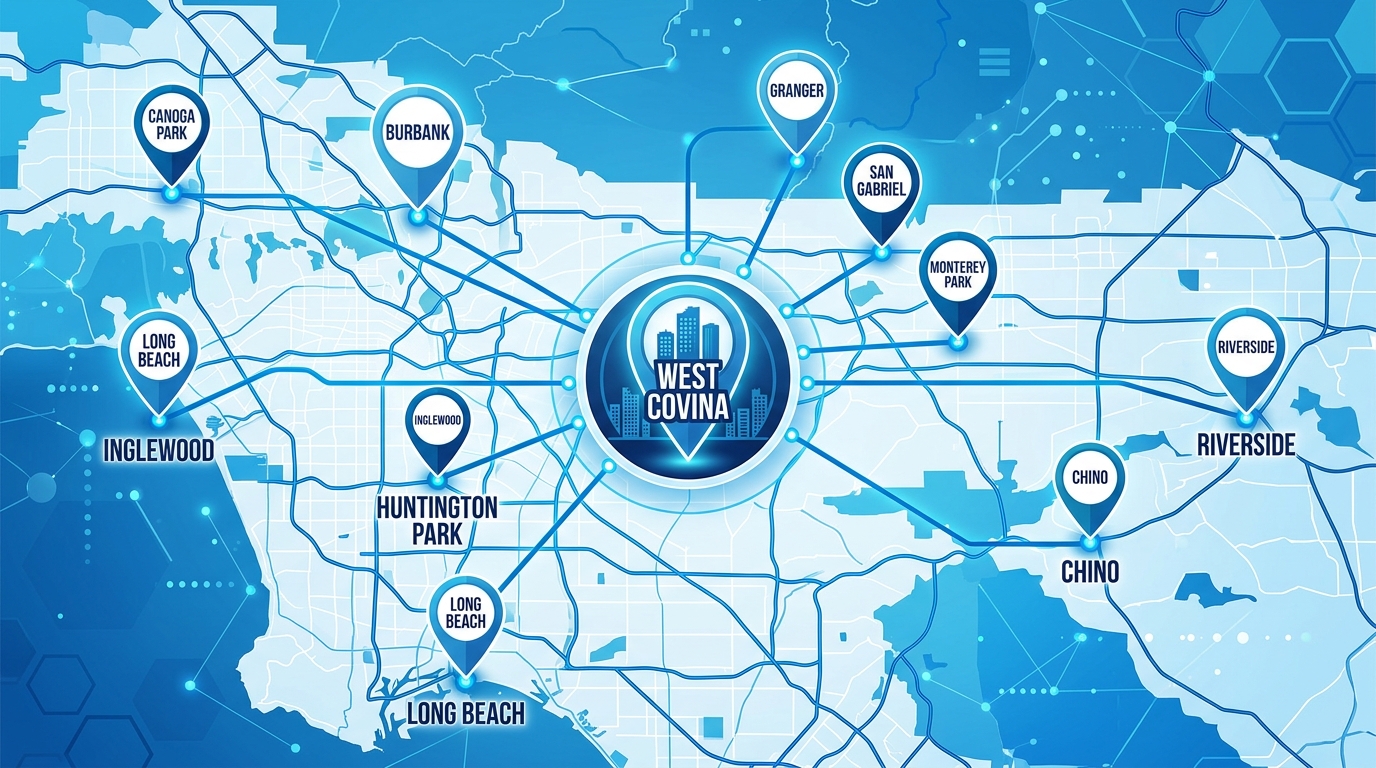Infographic showing West Covina dental service areas with city markers and location names