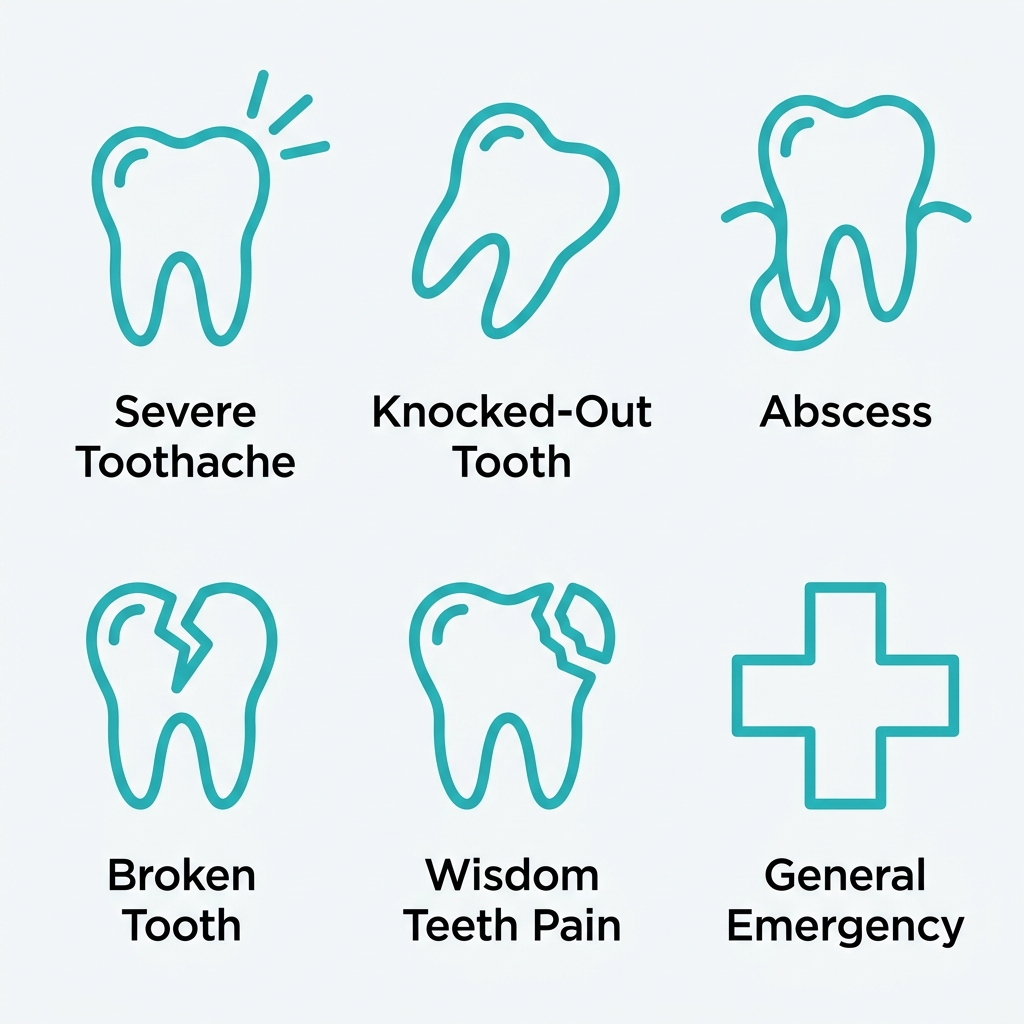 Icon set of six dental emergencies: severe toothache, knocked-out tooth, abscess, broken tooth, wisdom teeth pain, and general emergency.