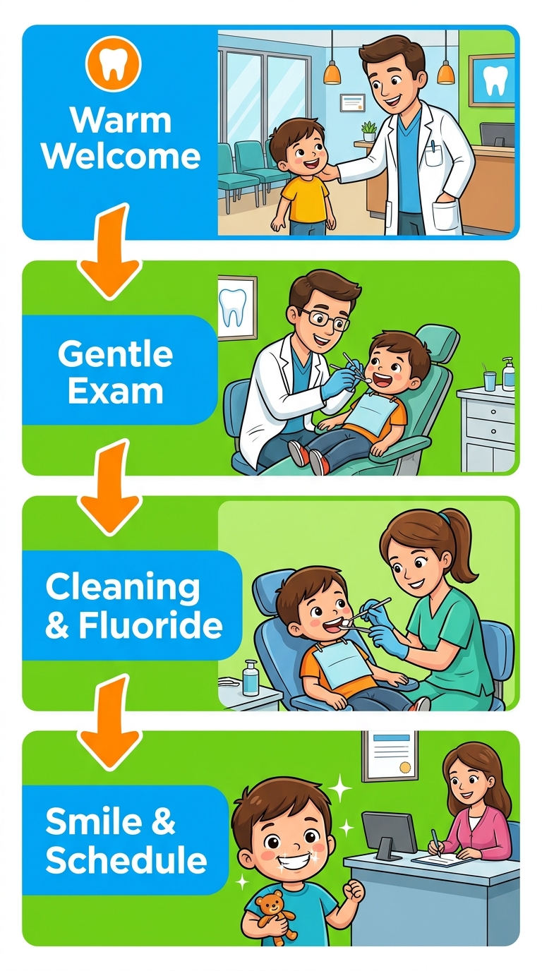 Vertical process flow diagram of a pediatric dental visit at West Covina Dental & Orthodontics, showing four steps: Warm Welcome, Gentle Exam, Cleaning & Fluoride, and Smile & Schedule.