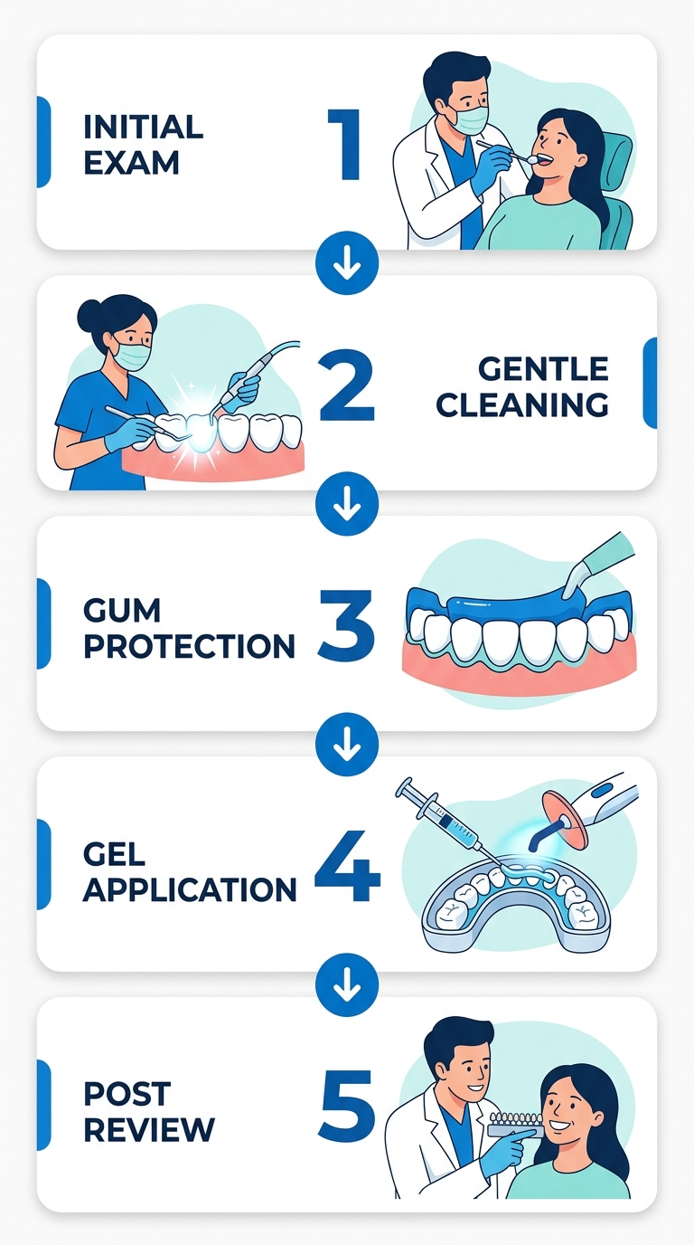 Vertical process flow diagram showing five steps of professional teeth whitening at Granger Dental and Orthodontics, with blue and white color scheme.