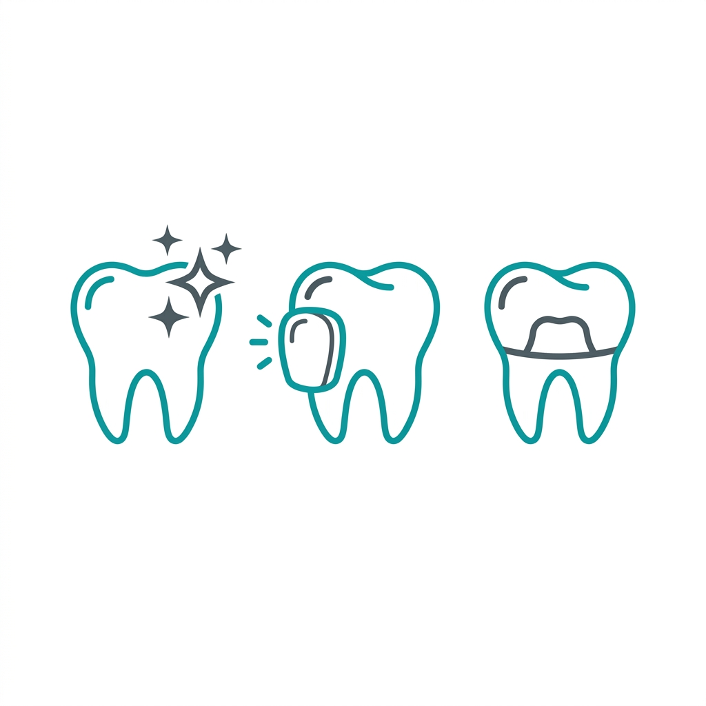 Set of three dental cosmetic icons in teal outline: tooth with sparkle for whitening, tooth with thin layer for veneer, and tooth with crown, on white background.