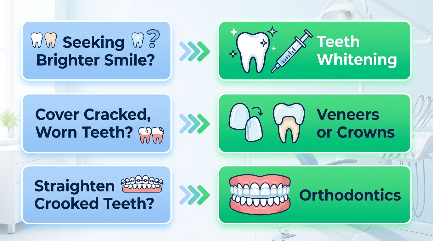 Decision flowchart for choosing cosmetic dental procedures at Granger Dental & Orthodontics, showing three branches for teeth whitening, veneers, and orthodontics.