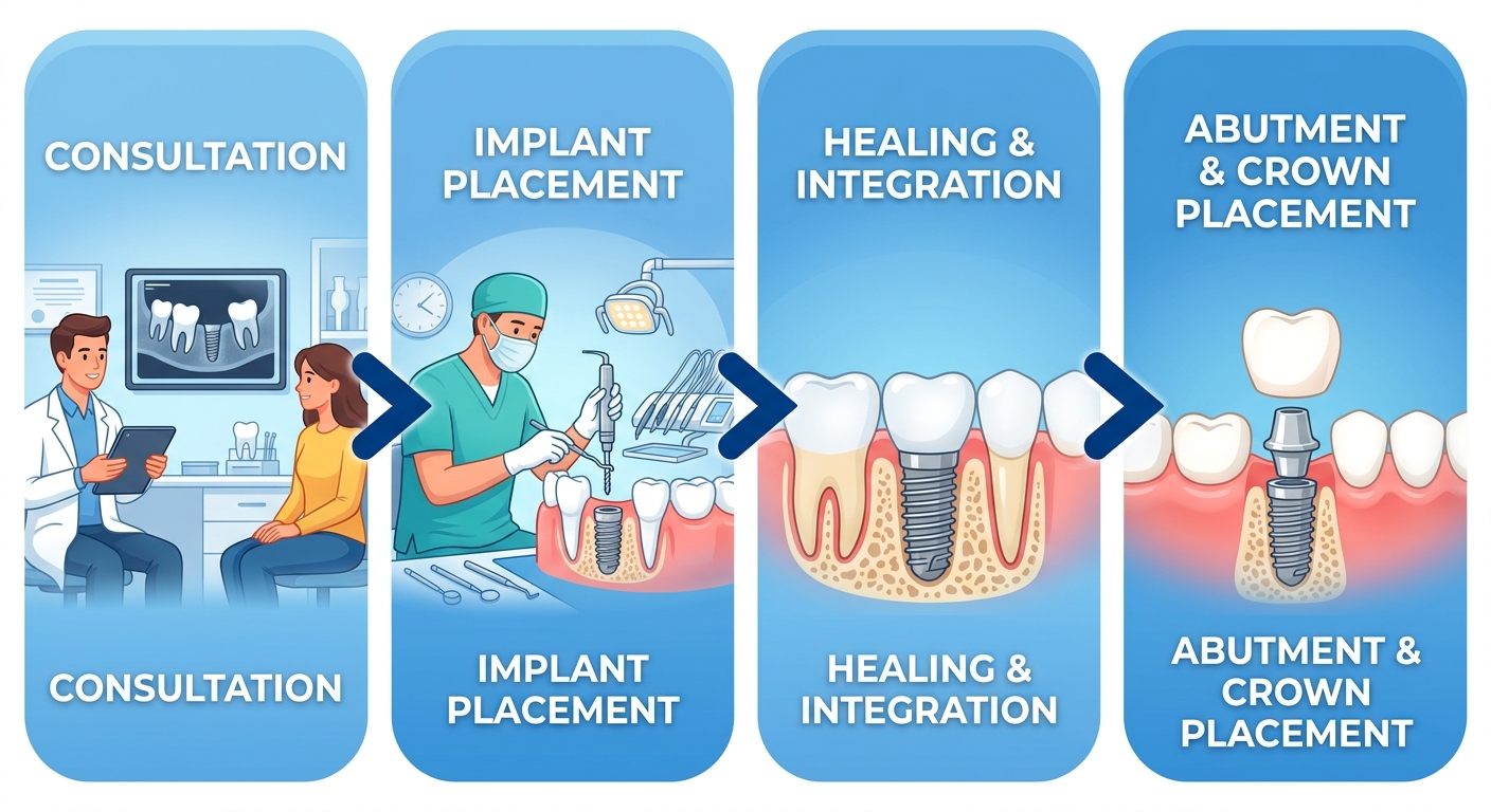 Horizontal process flow showing four stages of dental implant treatment at Granger Dental & Orthodontics