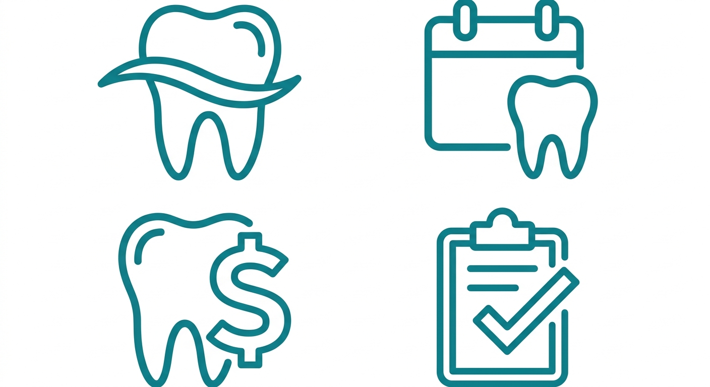 Icon set illustrating common questions about dental implants in Granger, Indiana, including comfort, longevity, cost, and consultation.
