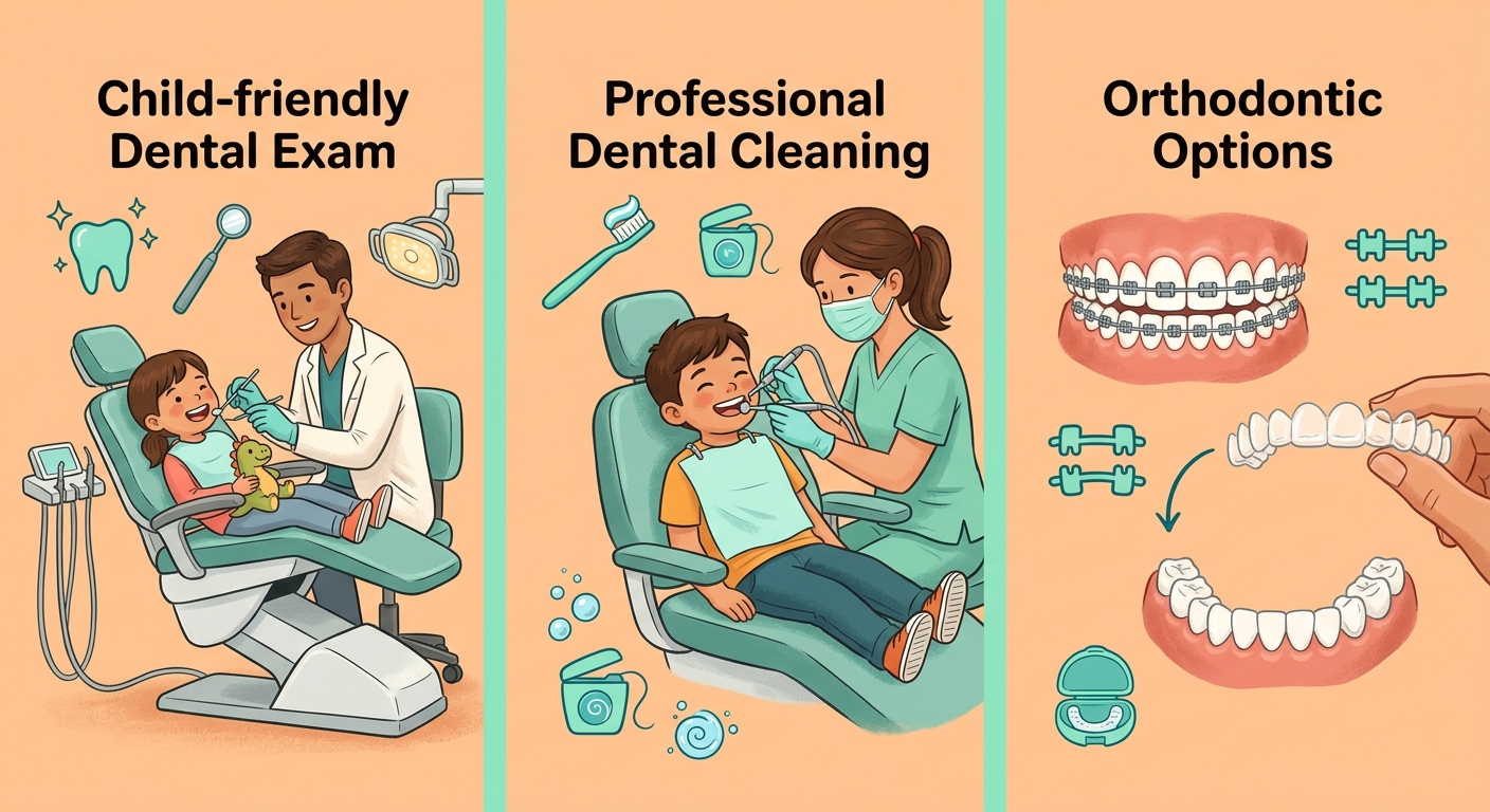 Three-panel infographic showing pediatric dentistry services including child-friendly dental exams, professional cleanings, and orthodontic options with braces and aligners at Granger Dental & Orthodontics