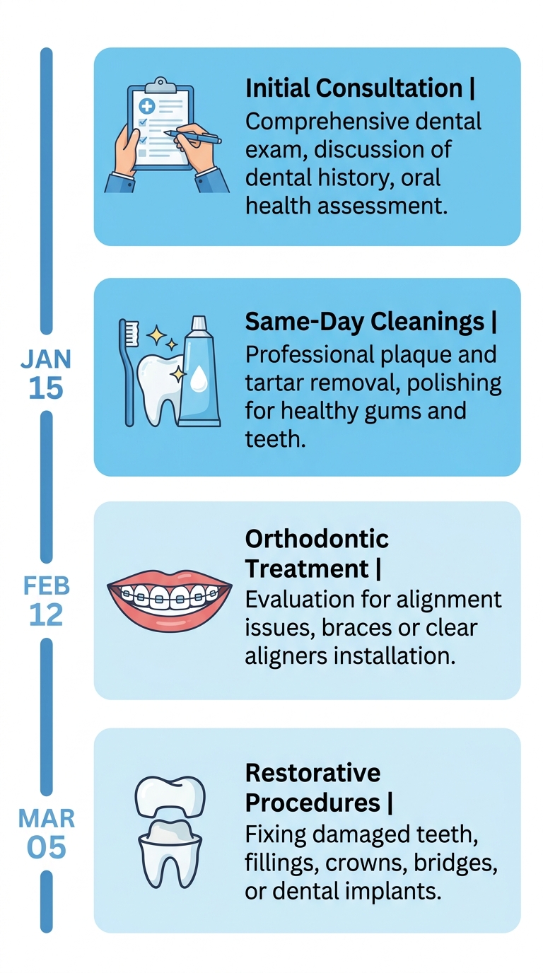 Vertical timeline diagram showing four typical dental treatment stages for Inglewood families.