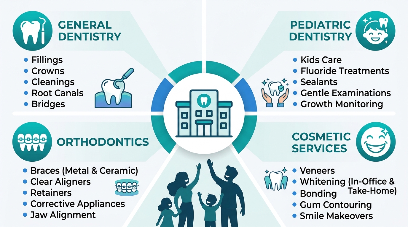 Infographic showing all-in-one dental and orthodontic care at Inglewood Dental and Orthodontics with categories for general dentistry, orthodontics, pediatric dentistry, and cosmetic services