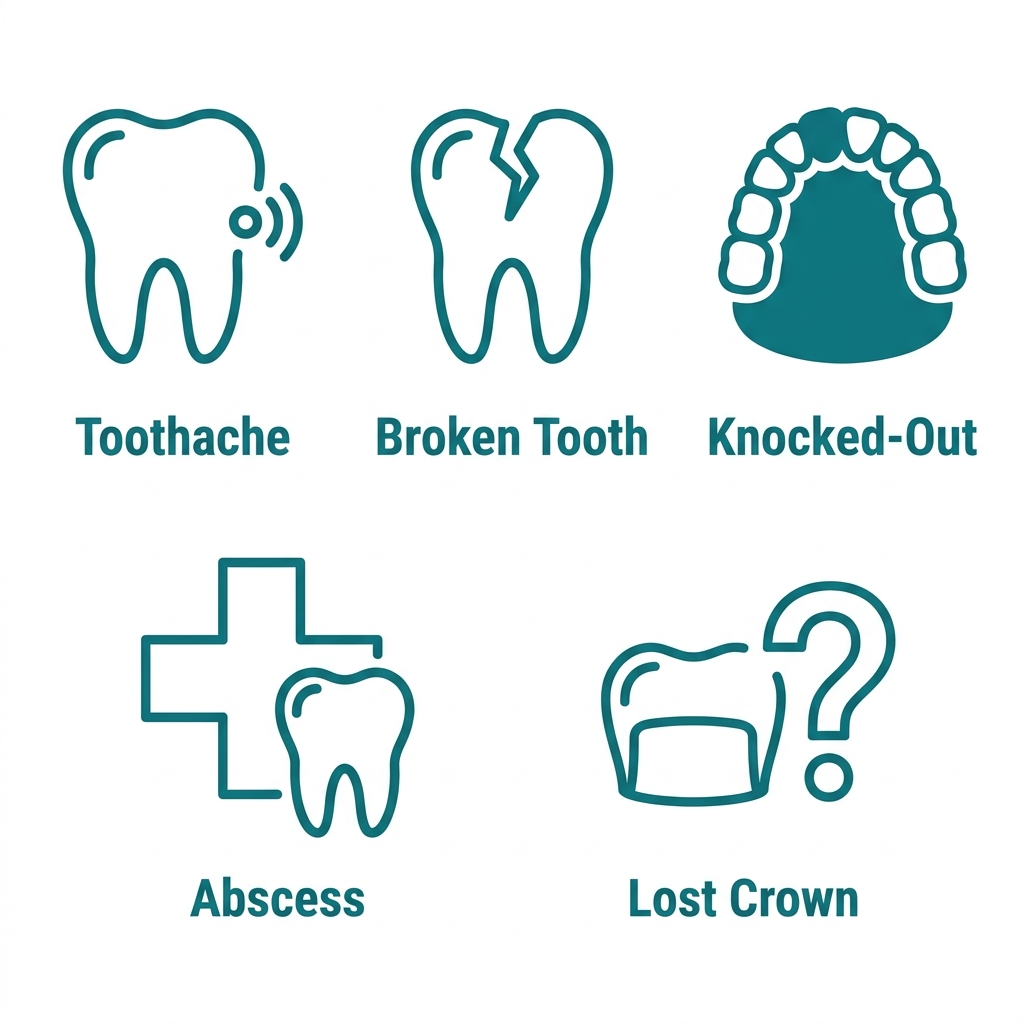 Set of 5 dental emergency icons: toothache, cracked tooth, knocked-out tooth, infection, lost filling or crown.