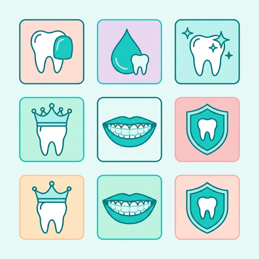 Square icon grid of 6 cosmetic dentistry services available in Inglewood, including porcelain veneers, composite bonding, professional teeth whitening, dental crowns, clear aligners, and restorative care, presented in flat design with soft pastel colors and teal icons.