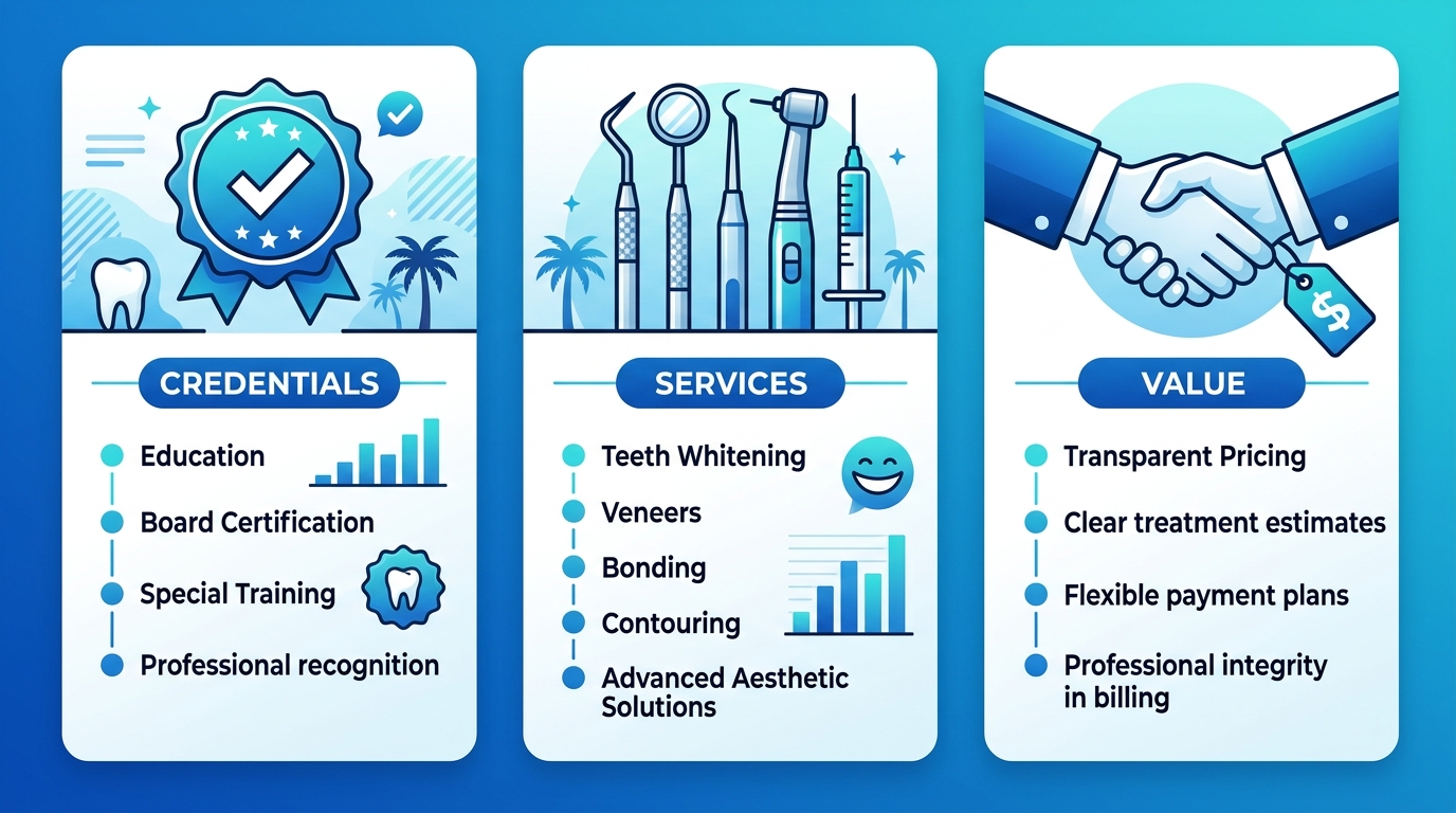 Three-column infographic outlining key factors for choosing a cosmetic dentist in Inglewood, California: credentials, services, and value.