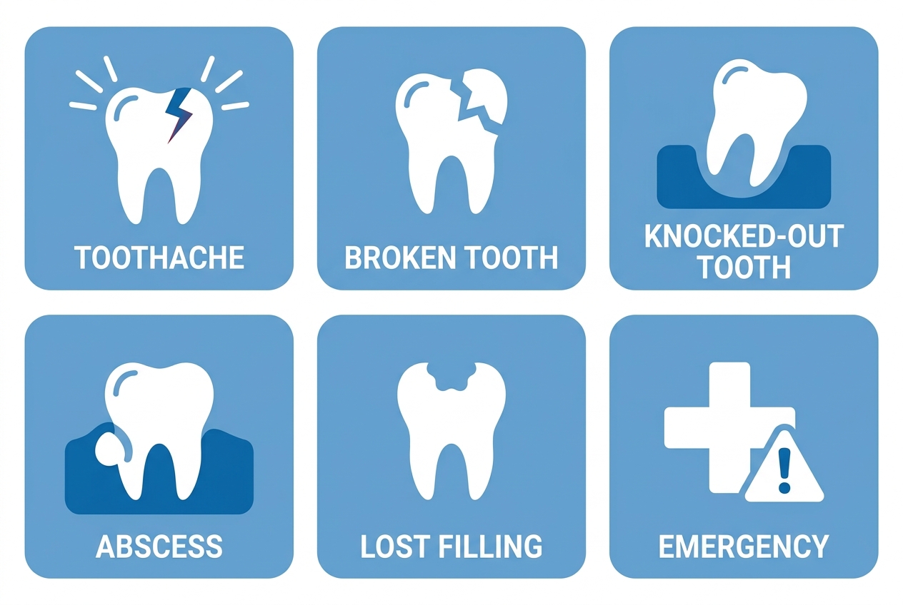 Dental emergencies infographic with six types of urgent dental problems arranged in a grid
