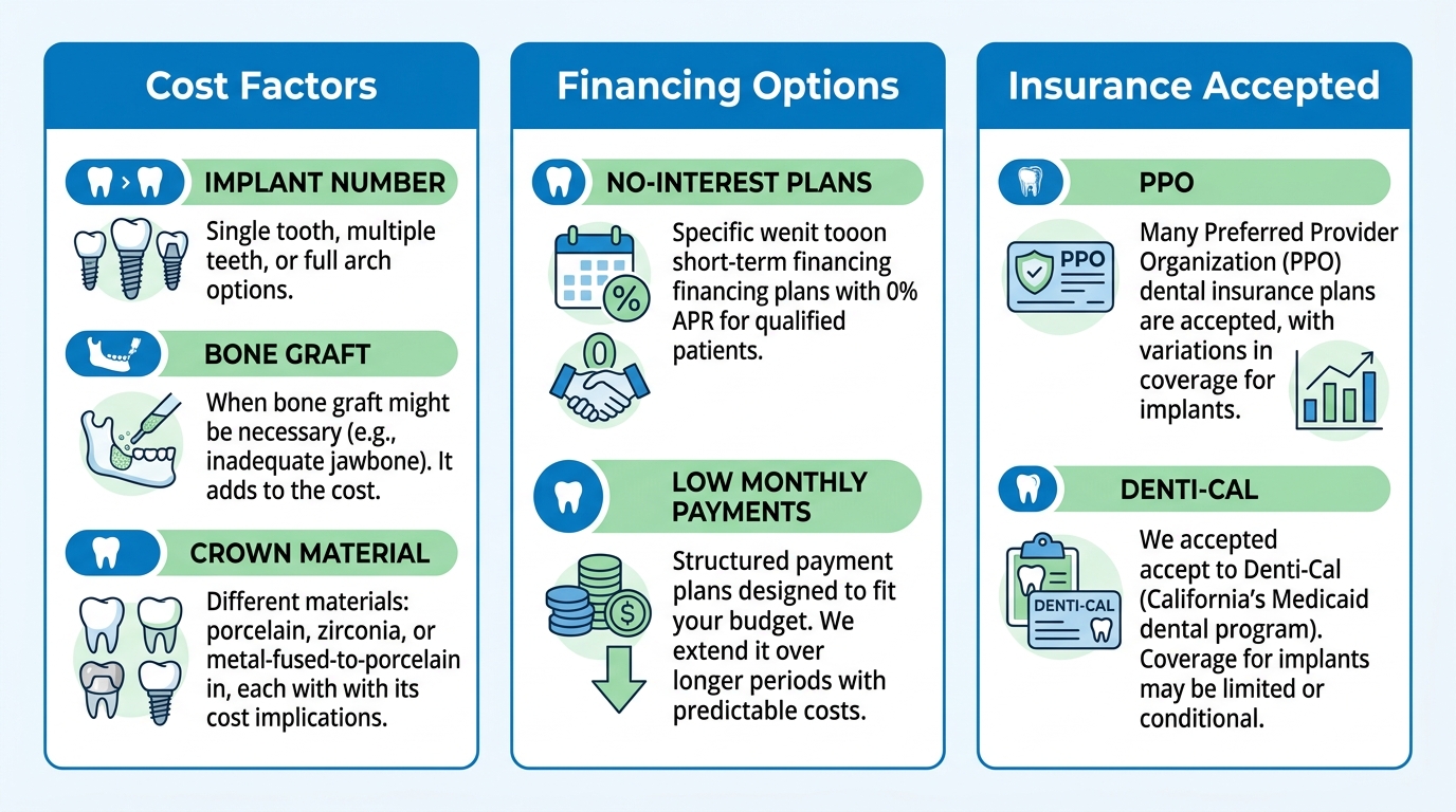 Infographic about cost factors, financing options, and insurance accepted for dental implants in Inglewood