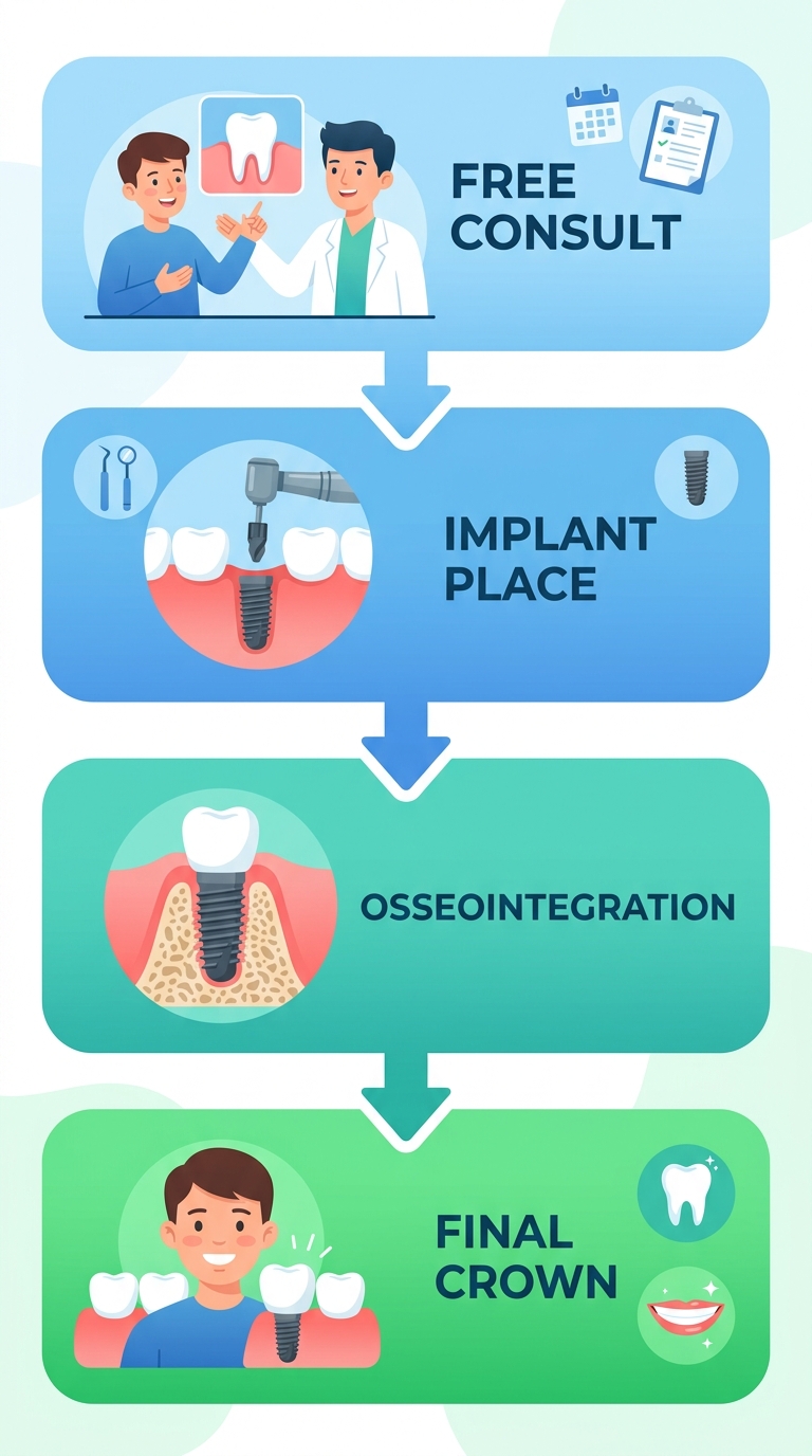 Vertical process flow diagram of dental implant journey with four stages: free consultation, implant placement, osseointegration healing, and final crown attachment, connected by downward arrows with a blue to green gradient.