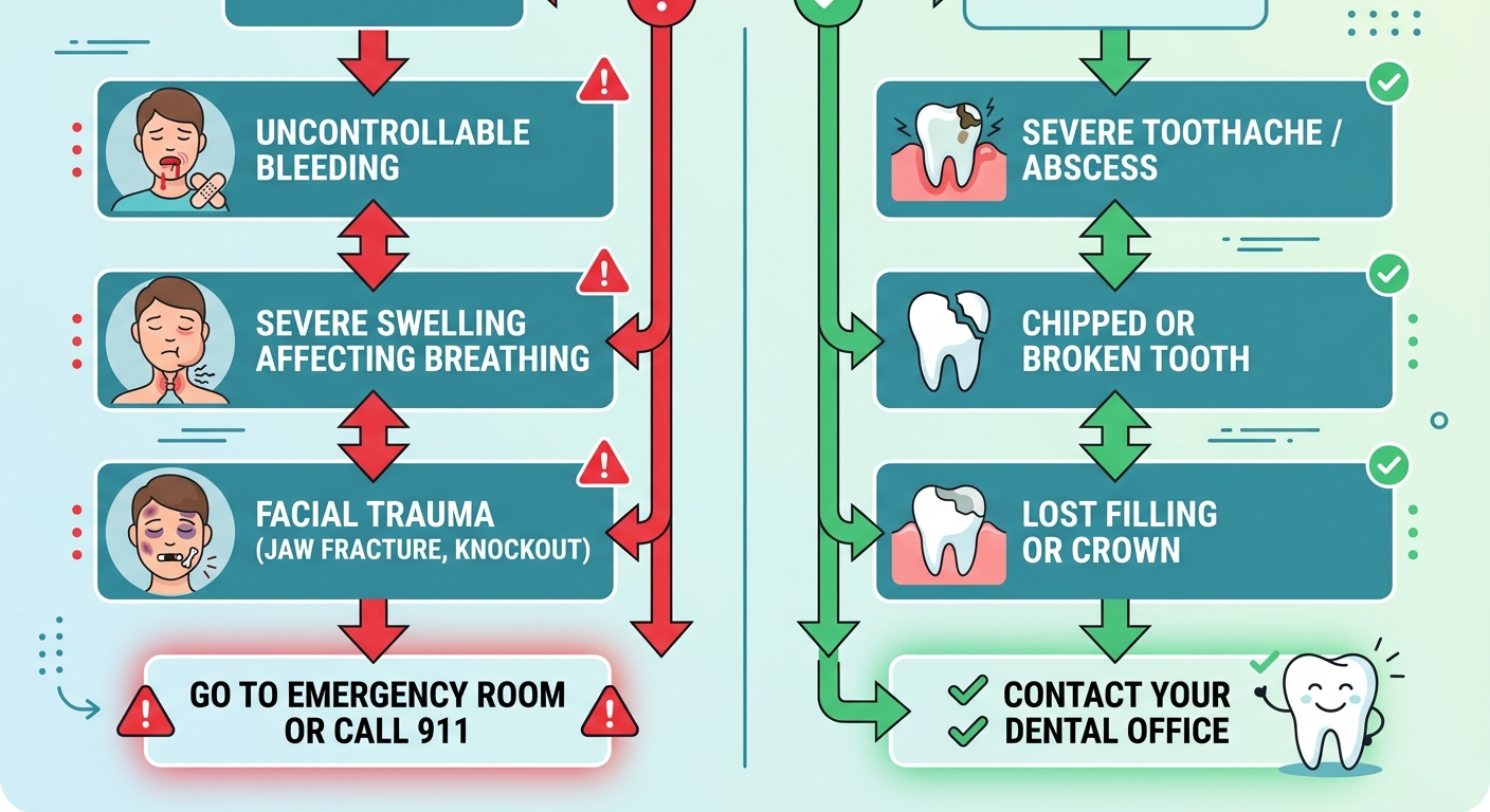 Decision flowchart for dental emergencies showing when to call 911 versus calling Granger Dental