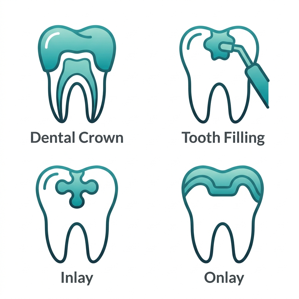Icon set of four restorative dental services: crown, filling, inlay, onlay.