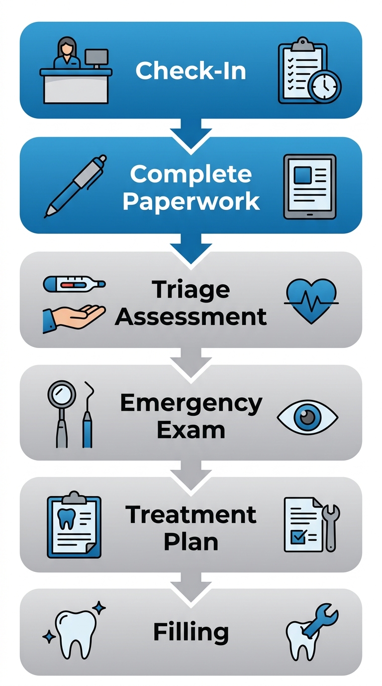 Illustration of a vertical process flow for emergency dental visit, from check-in through to same-day filling