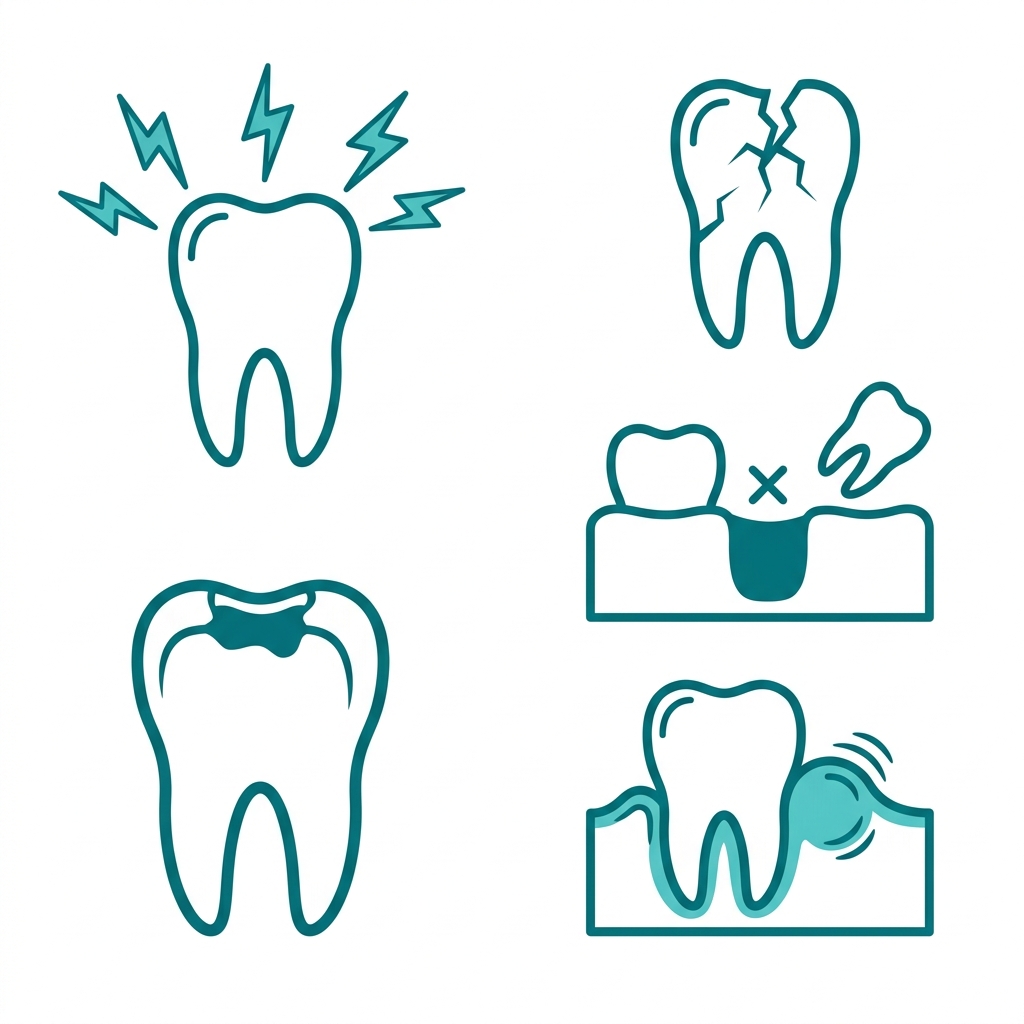 Grid of 5 dental emergency icons: severe toothache, broken tooth, knocked-out tooth, lost filling, dental abscess, outlined in teal on white background