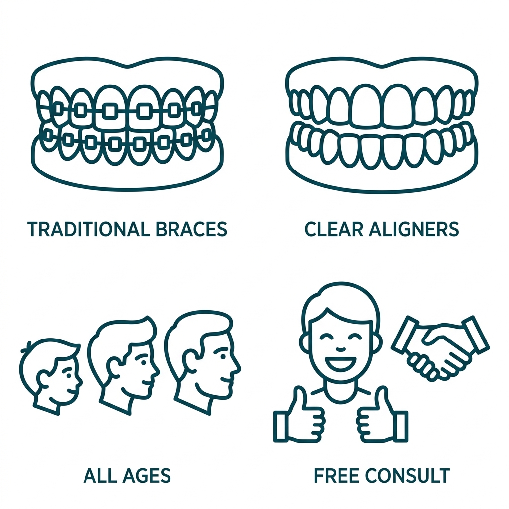 Icon set showcasing orthodontic services: traditional metal braces, SureSmile clear aligners, treatment for children/teens/adults, free consultation. Four icons in 2x2 grid: tooth with brackets, transparent aligner, family silhouette, calendar with checkmark. Teal outline style, white background, modern sans-serif labels.