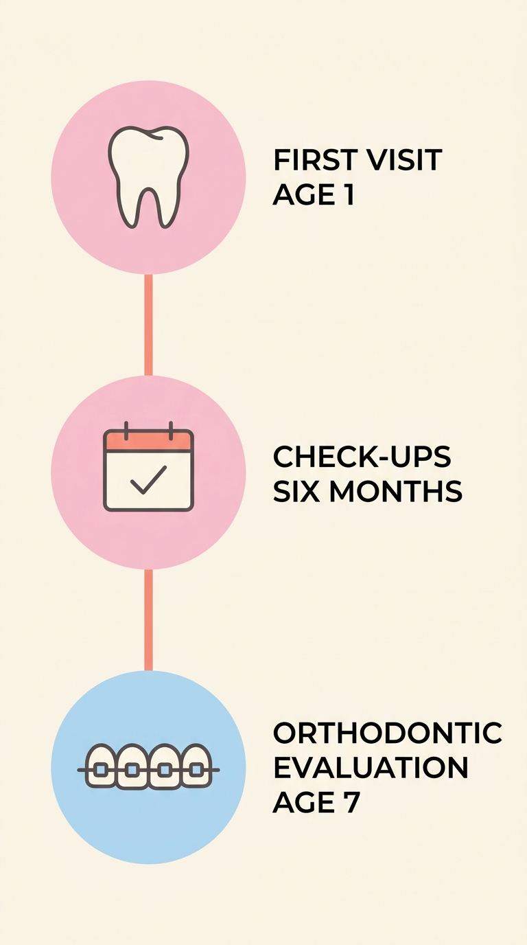Vertical timeline showing three pediatric dental milestones for children in Riverside, starting with the first visit by age one, check-ups every six months, and an orthodontic evaluation by age seven.