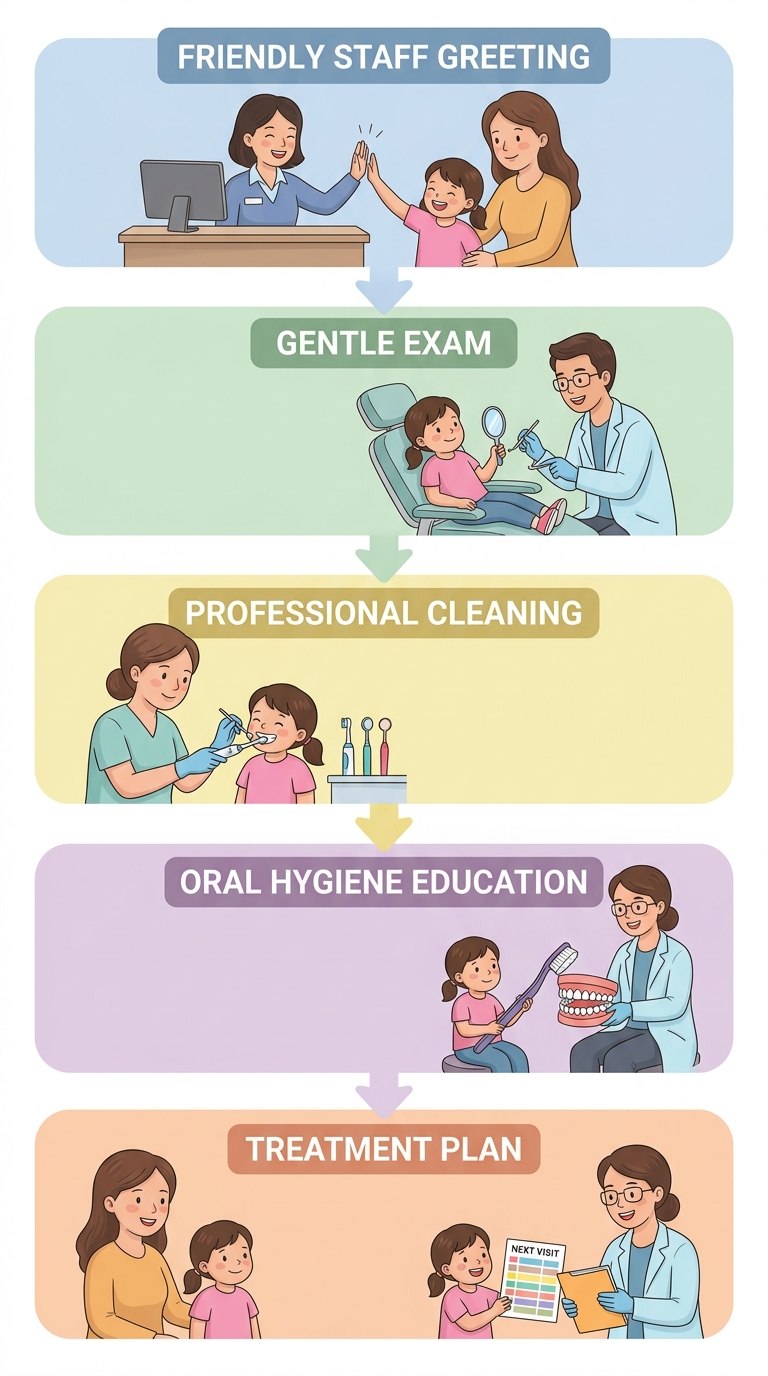 Vertical diagram showing five sequential steps of a pediatric dental visit: Welcome, Gentle Exam, Professional Cleaning, Oral Hygiene Education, and Treatment Plan, each in a rounded card with child-friendly icons and soft colors.