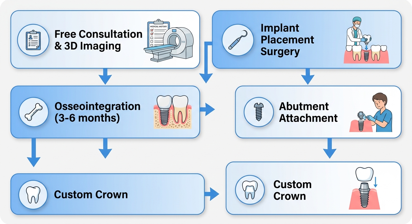 Vertical process flow illustrating five stages of dental implant procedure from consultation through custom crown placement.