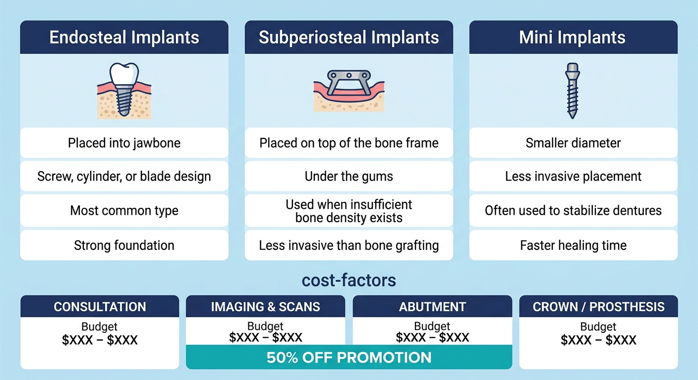 Three-column infographic comparing endosteal, subperiosteal, and mini dental implants with cost factors, using blue and teal palette.